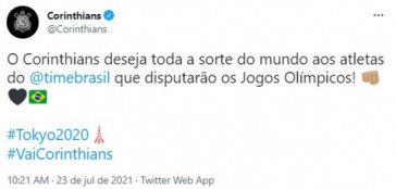 Corinthians d boa sorte aos atletas do Time Brasil para os Jogos Olmpicos de Tquio