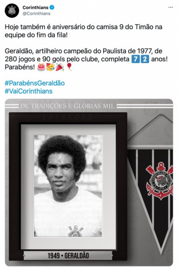 Corinthians parabenizou Geraldão no aniversário de 72 anos do ex-atacante