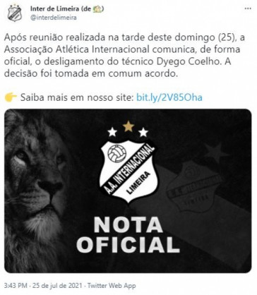 Inter de Limeira demitiu Dyego Coelho do comando da equipe