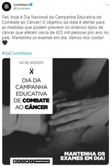 Corinthians faz post em Dia Nacional da Campanha Educativa de Combate ao Câncer