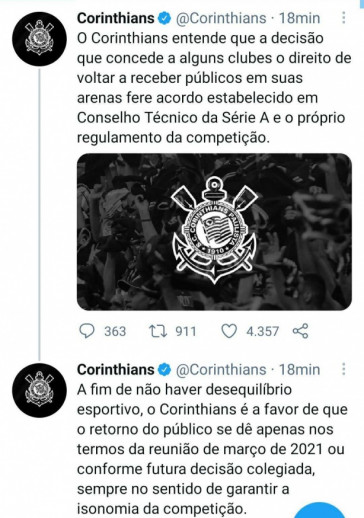 Tweet do Corinthians sobre a volta de público em jogos específicos