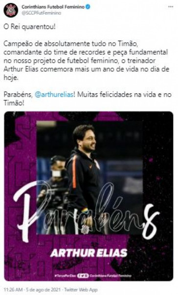 Corinthians parabeniza Arthur Elias por aniversário de 40 anos