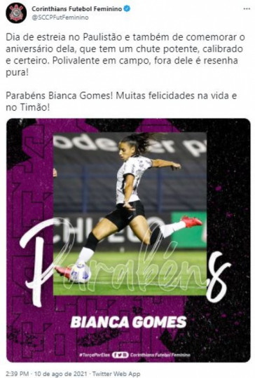 Corinthians parabeniza Bianca Gomes por aniversrio de 31 anos