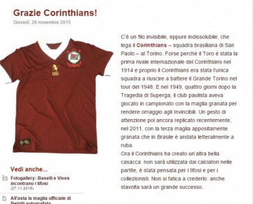 Torino agradeceu ao Corinthians por utilizar sua cor em uniforme
