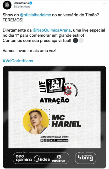 Anncio do Corinthians do show de MC Hariel no aniversrio do clube
