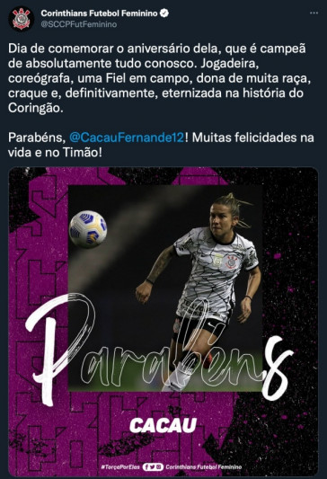 Corinthians parabenizou Cacau Fernandes, que completa 35 anos nesta segunda