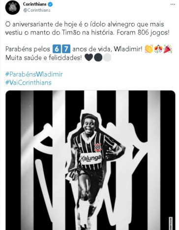Corinthians parabenizou Wladimir por seu aniversrio neste domingo