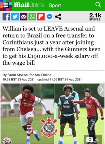 Daily Mail publicou que vinda de Willian ao Corinthians foi em uma transao sem custos