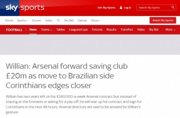 Skysport comentou sada de Willian do Arsenal