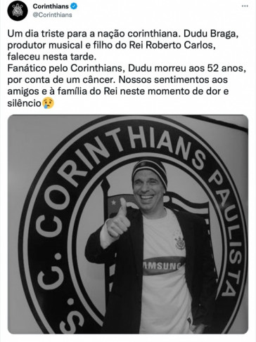 Corinthians lamentou morte de Dudu Braga