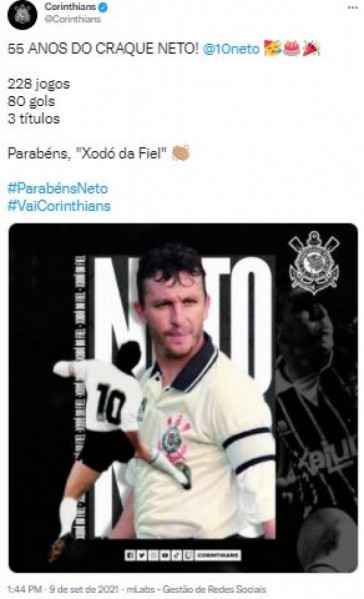 Corinthians parabeniza Neto por aniversrio de 55 anos