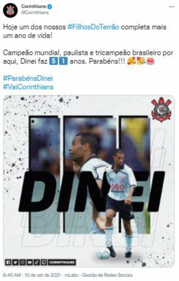 Corinthians parabeniza Dinei por aniversrio de 51 anos