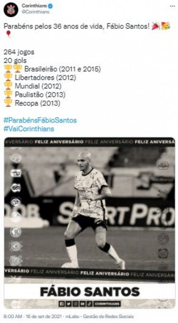 Corinthians parabeniza Fbio Santos por aniversrio de 36 anos