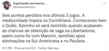 Torcida do Corinthians repercute confronto entre Corinthians e América-MG