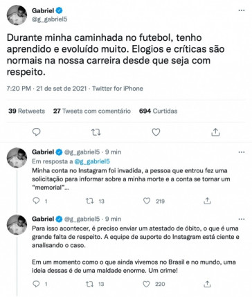 Pronunciamento de Gabriel pelo Twitter