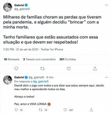 Pronunciamento de Gabriel pelo Twitter