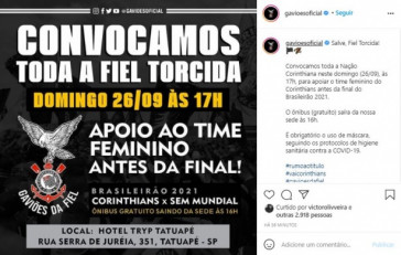 Gaviões da Fiel prepara ato para apoiar equipe feminina antes de Dérbi válido pela final do Brasileirão