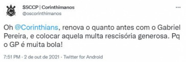 Torcida do Corinthians destacou Gabriel Pereira no primeiro tempo de jogo