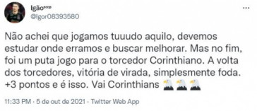 Torcedor analisou vitria do Corinthians contra o Bahia