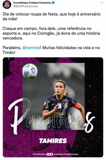 Corinthians parabenizou Tamires, que completa 34 anos neste domingo