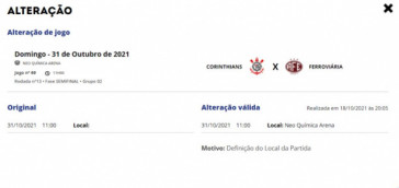 FPF confirmou Neo Qumica Arena como local da semifinal entre Corinthians e Ferroviria na ltima segunda-feira, dia 18 de outubro