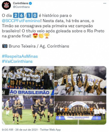 Corinthians comemora aniversário de três anos do primeiro título do Brasileirão Feminino do clube