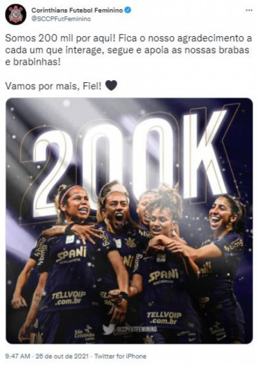 Corinthians feminino chegou aos 200 mil seguidores no Twitter