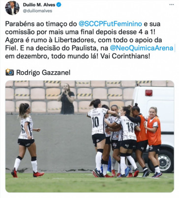 Publicao do presidente Duilio pela vitria do Corinthians no Paulista