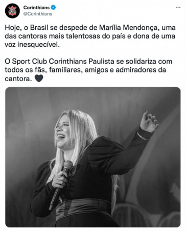 Publicao do Corinthians pela morte de Marlia Mendona
