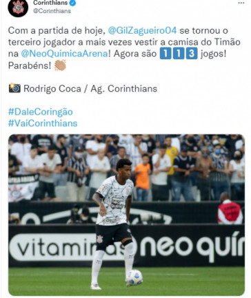 Gil se torna o terceiro jogador do Corinthians com mais jogos na Neo  Química Arena; clube parabeniza