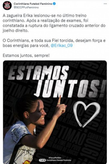 Corinthians deseja pronta recuperação para zagueira Erika