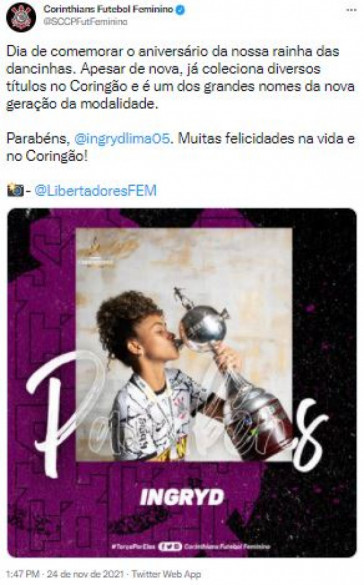 Corinthians parabeniza Ingryd por aniversário de 24 anos