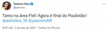 Tamires deixa mensagem à Fiel nas redes sociais