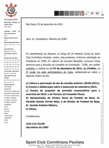 Documento enviado aos membros do Conselho de Orientação (CORI) do Corinthians que o portal Meu Timão teve acesso