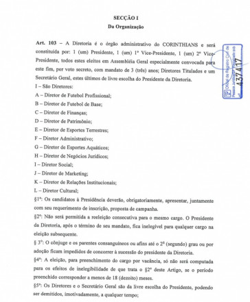 Estatuto do Corinthians no consta o cargo de Diretor Geral das Categorias de Base