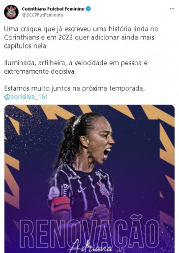Corinthians anunciou a renovao da Adriana para 2022