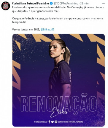 Erika renovou com o Corinthians para a temporada 2022
