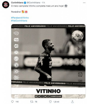Corinthians parabeniza Vitinho por aniversrio de 22 anos