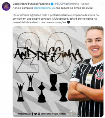 Corinthians se despediu de Andressinha e anunciou que meia no segue no clube em 2022