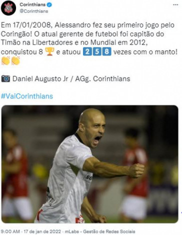 Corinthians relembrou aniversário de estreia de Alessandro pelo clube