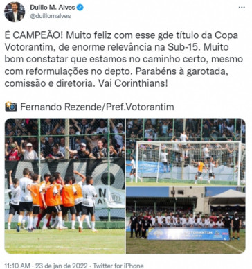 Duilio Monteiro Alves parabenizou o Corinthians pela conquista da Copa Votorantim