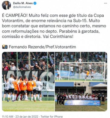 Duilio Monteiro Alves parabenizou o Corinthians pela conquista da Copa Votorantim
