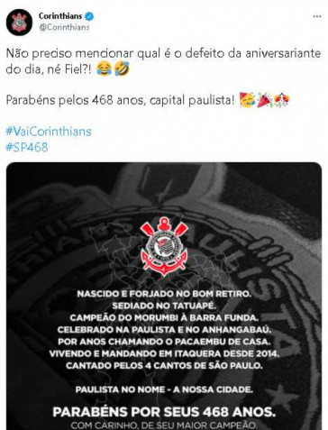 Corinthians parabenizou a cidade de São Paulo pelo aniversário