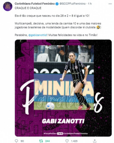 Corinthians parabeniza Gabi Zanotti por aniversrio de 37 anos