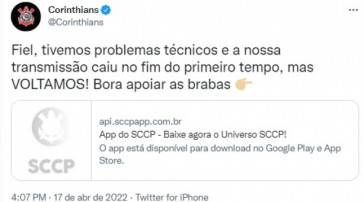 Corinthians comunica problemas tcnicos em transmisso de partida do Brasileiro Feminino
