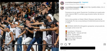 Corinthians convoca torcida para o jogo de basquete
