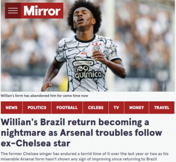 Jornal ingls The Mirror afirmou que retorno ao Corinthians  um pesadelo para Willian