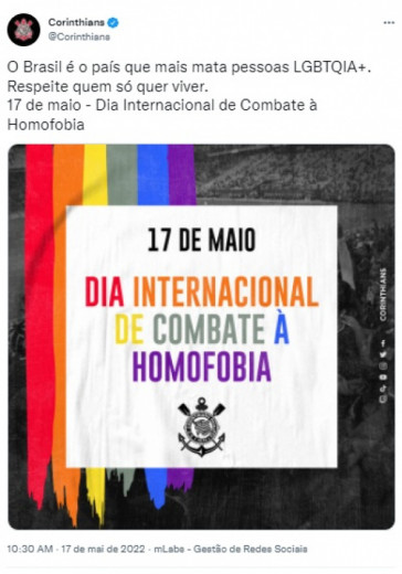 Corinthians faz publicao sobre o Dia Internacional de Combate  Homofobia