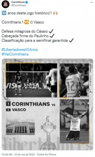 Corinthians relembrou duelo contra o Vasco nas quartas de final da Libertadores 2012