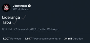 Tuíte do Corinthians com melhores números de interação